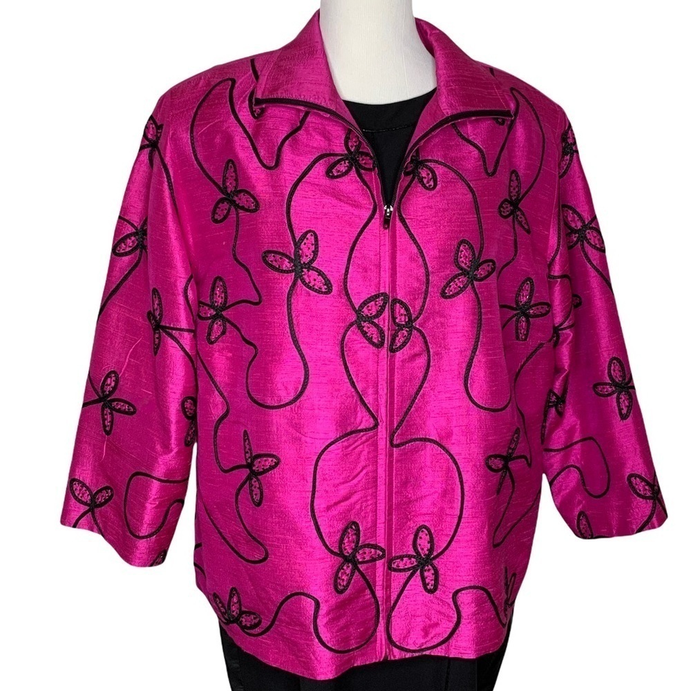 Anage Women’s Silk Fuchsia Pink Black Embroidered Full Zip Blazer Jacket Size 2X